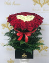 Box 20x20 Tall Bouquet of 60 Roses with Heart Design